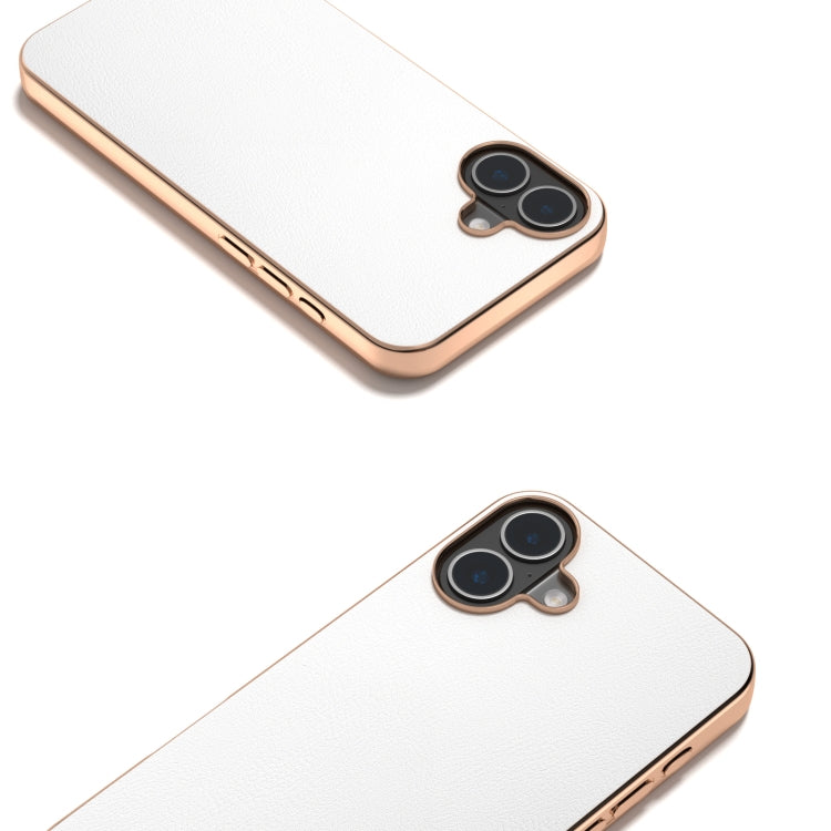 For iPhone 16 Plus PU Leather Electroplating Frame Full Coverage Phone Case