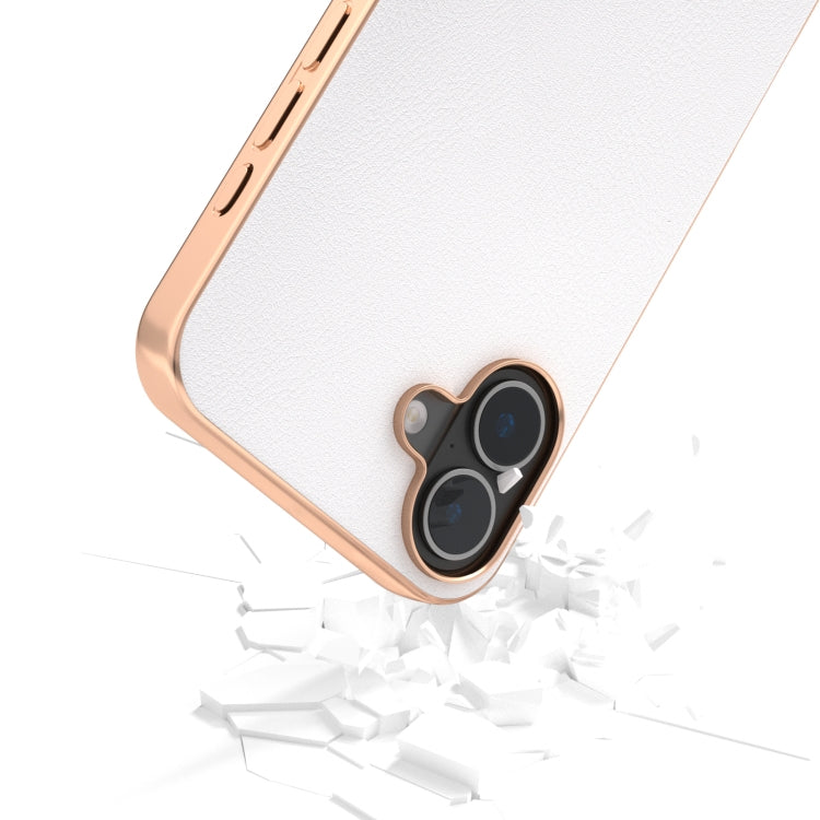 For iPhone 16 Plus PU Leather Electroplating Frame Full Coverage Phone Case