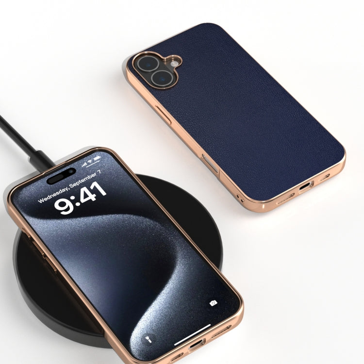For iPhone 16 Plus PU Leather Electroplating Frame Full Coverage Phone Case
