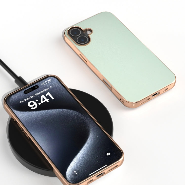 For iPhone 16 Plus PU Leather Electroplating Frame Full Coverage Phone Case