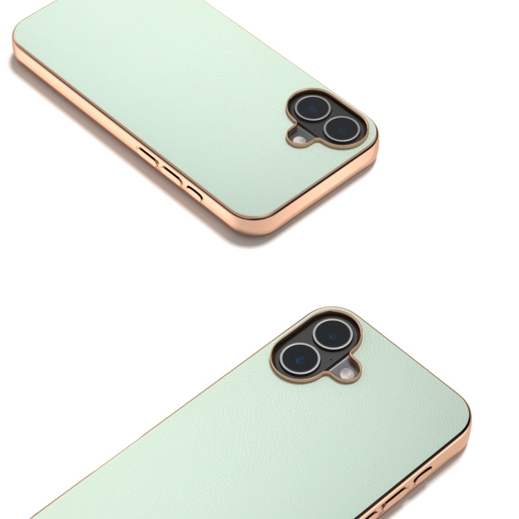For iPhone 16 Plus PU Leather Electroplating Frame Full Coverage Phone Case