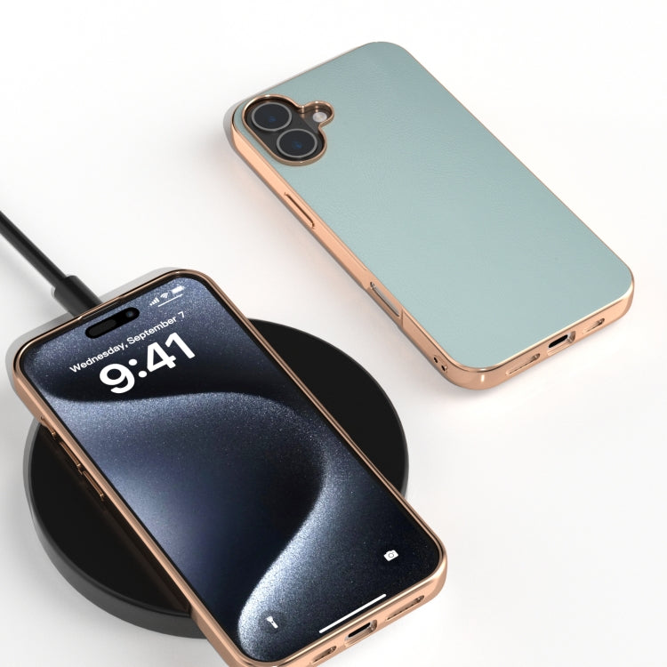 For iPhone 16 Plus PU Leather Electroplating Frame Full Coverage Phone Case
