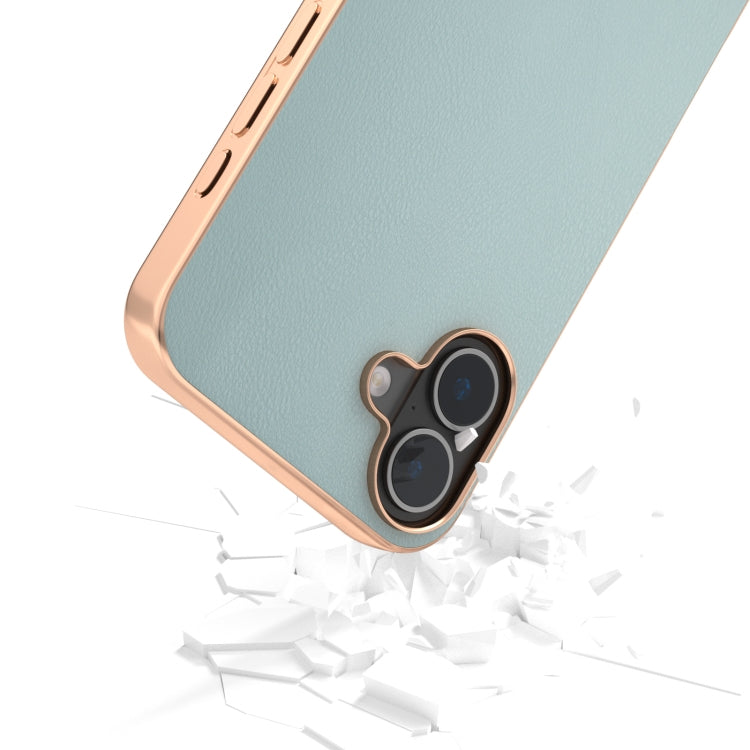 For iPhone 16 Plus PU Leather Electroplating Frame Full Coverage Phone Case