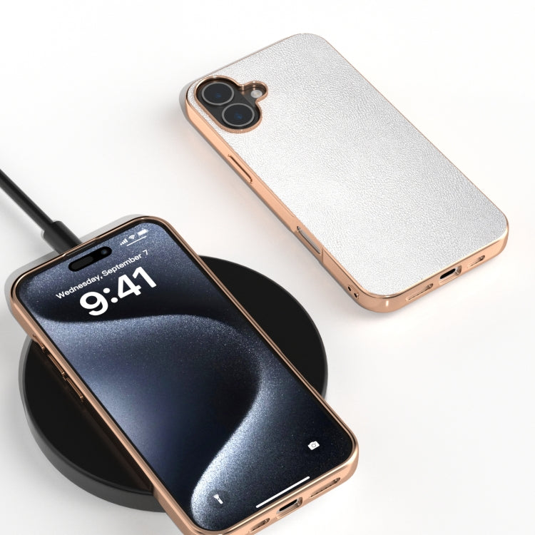 For iPhone 16 Plus PU Leather Electroplating Frame Full Coverage Phone Case