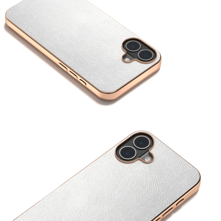 For iPhone 16 Plus PU Leather Electroplating Frame Full Coverage Phone Case