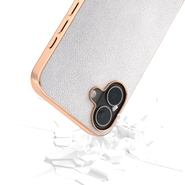 For iPhone 16 Plus PU Leather Electroplating Frame Full Coverage Phone Case