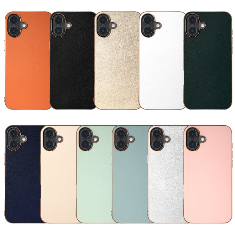 For iPhone 16 Plus PU Leather Electroplating Frame Full Coverage Phone Case