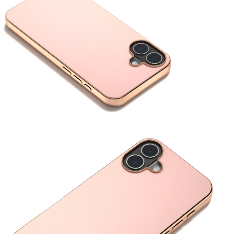 For iPhone 16 Plus PU Leather Electroplating Frame Full Coverage Phone Case