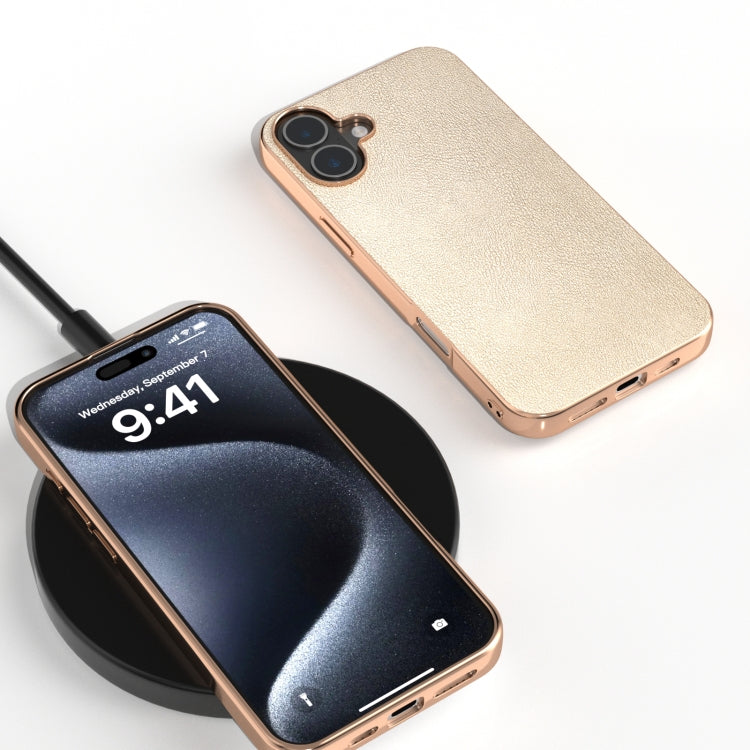 For iPhone 16 PU Leather Electroplating Frame Full Coverage Phone Case