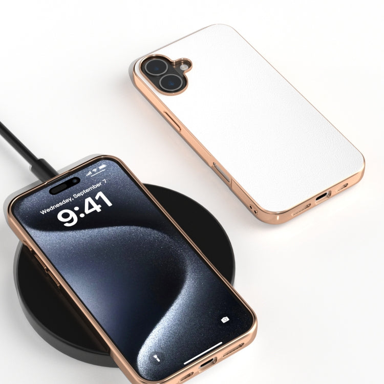 For iPhone 16 PU Leather Electroplating Frame Full Coverage Phone Case