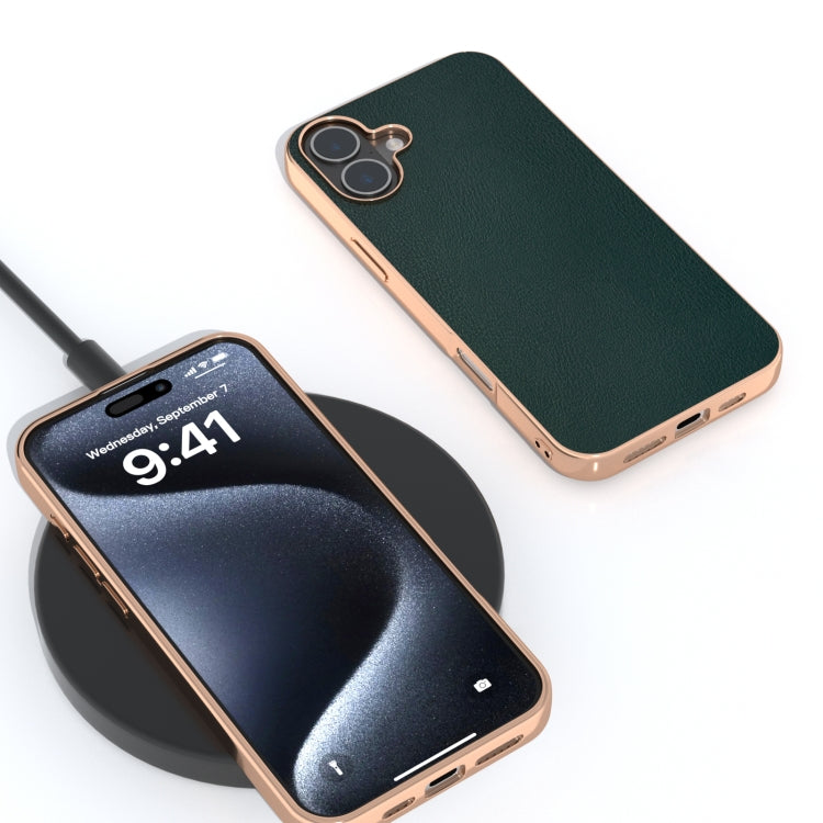 For iPhone 16 PU Leather Electroplating Frame Full Coverage Phone Case