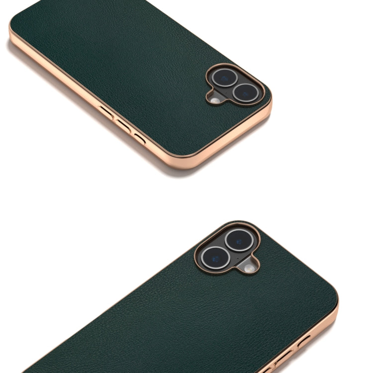 For iPhone 16 PU Leather Electroplating Frame Full Coverage Phone Case