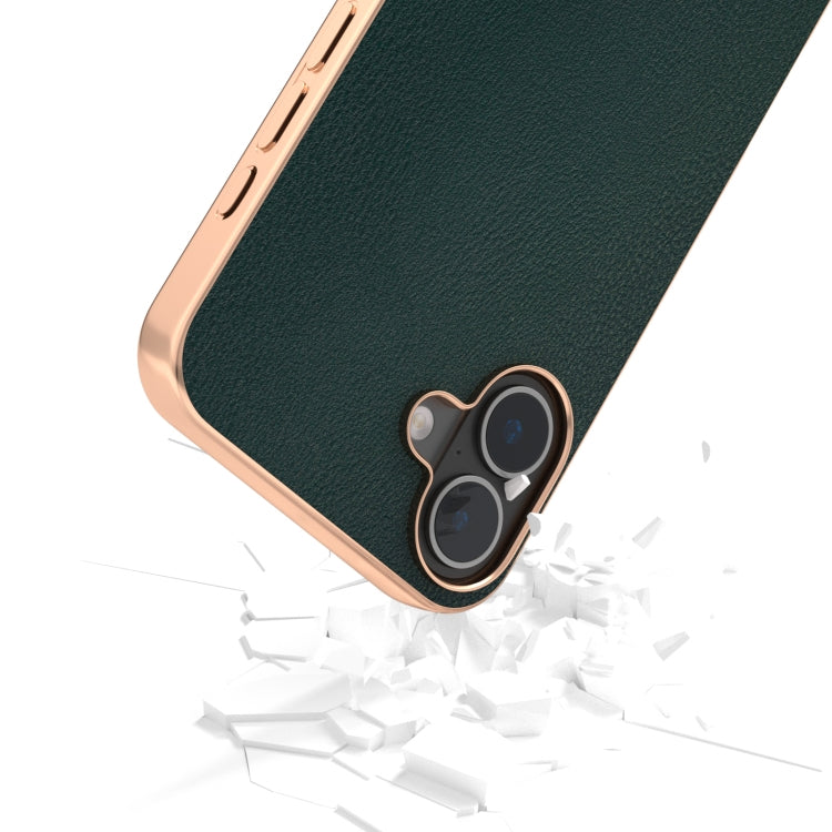 For iPhone 16 PU Leather Electroplating Frame Full Coverage Phone Case