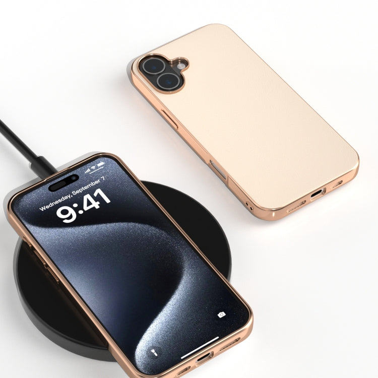 For iPhone 16 PU Leather Electroplating Frame Full Coverage Phone Case