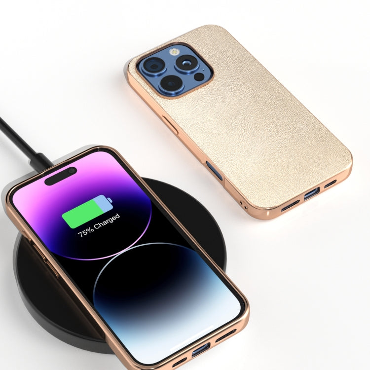 For iPhone 16 Pro PU Leather Electroplating Frame Full Coverage Phone Case