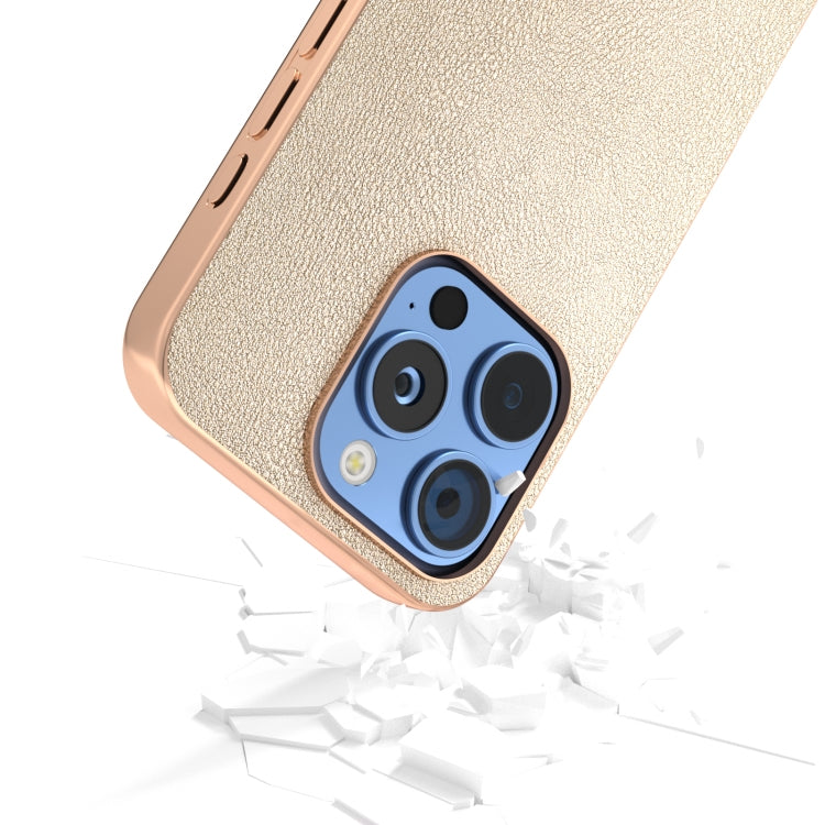 For iPhone 16 Pro PU Leather Electroplating Frame Full Coverage Phone Case