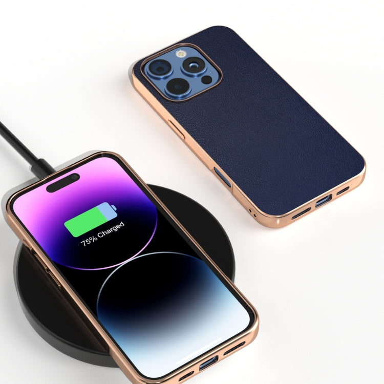 For iPhone 16 Pro PU Leather Electroplating Frame Full Coverage Phone Case