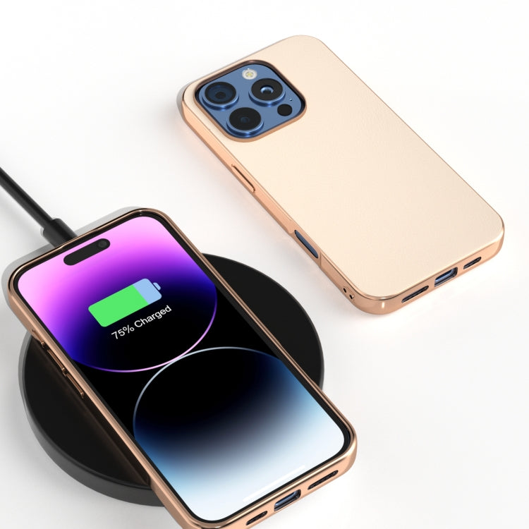 For iPhone 16 Pro PU Leather Electroplating Frame Full Coverage Phone Case