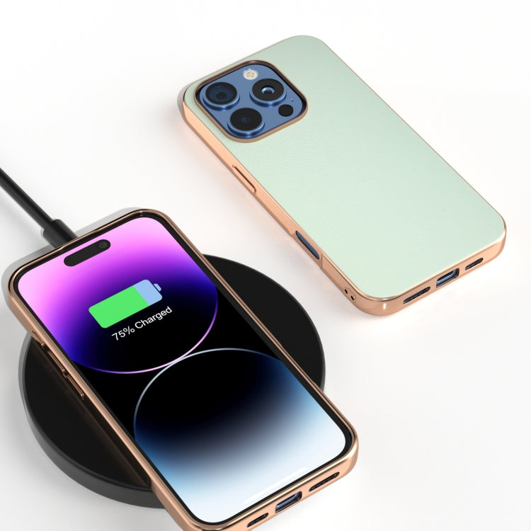 For iPhone 16 Pro PU Leather Electroplating Frame Full Coverage Phone Case