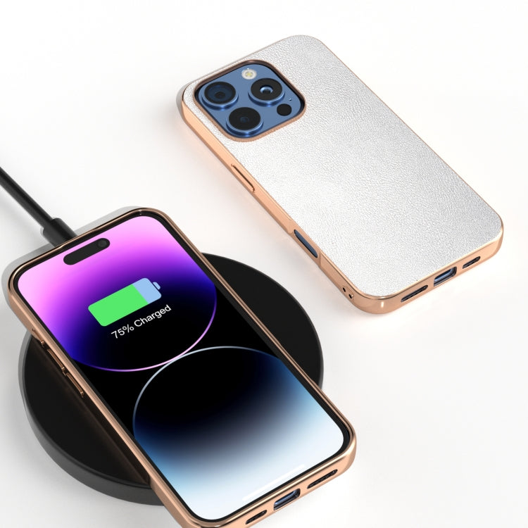 For iPhone 16 Pro PU Leather Electroplating Frame Full Coverage Phone Case