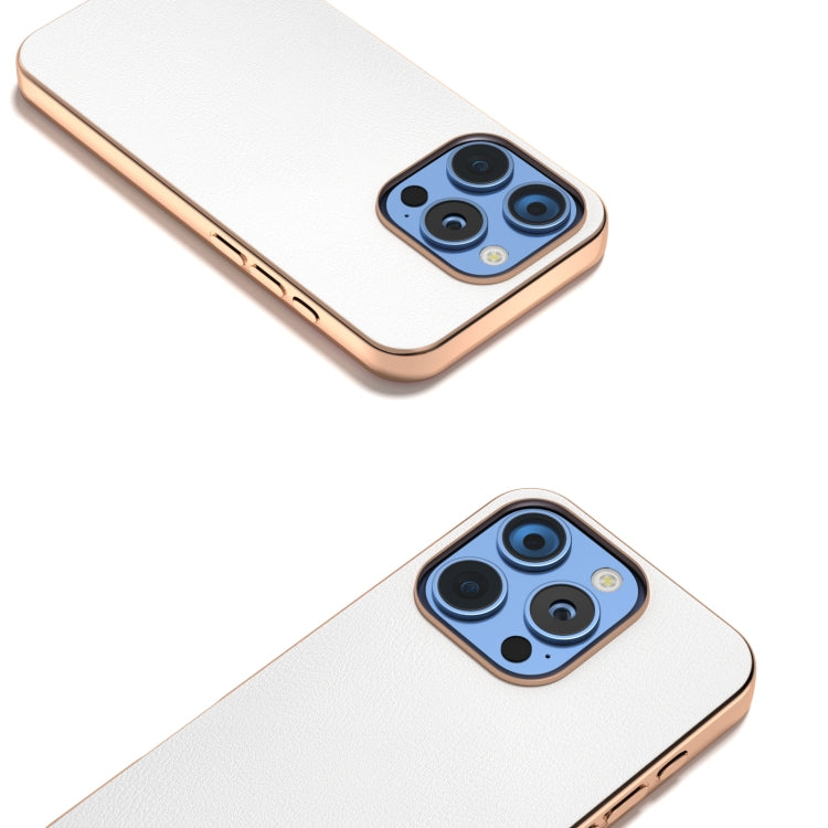 For iPhone 16 Pro Max PU Leather Electroplating Frame Full Coverage Phone Case