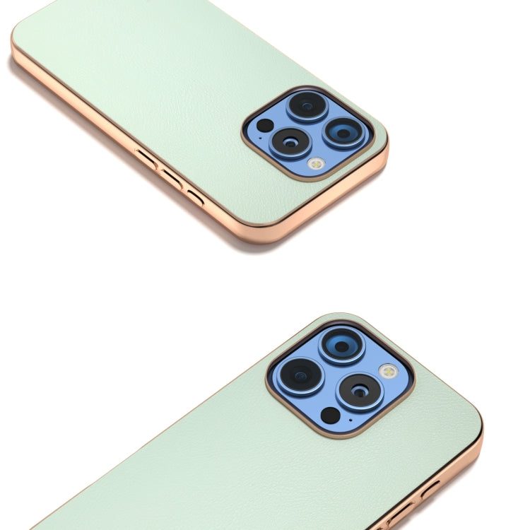 For iPhone 16 Pro Max PU Leather Electroplating Frame Full Coverage Phone Case