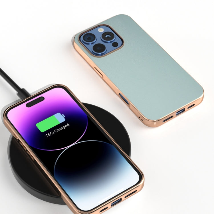 For iPhone 16 Pro Max PU Leather Electroplating Frame Full Coverage Phone Case