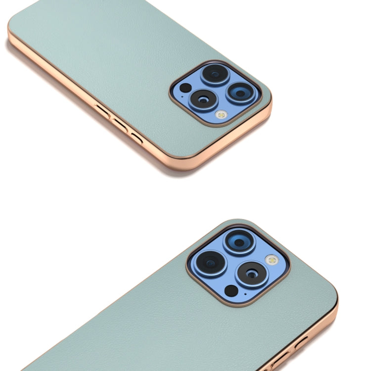 For iPhone 16 Pro Max PU Leather Electroplating Frame Full Coverage Phone Case