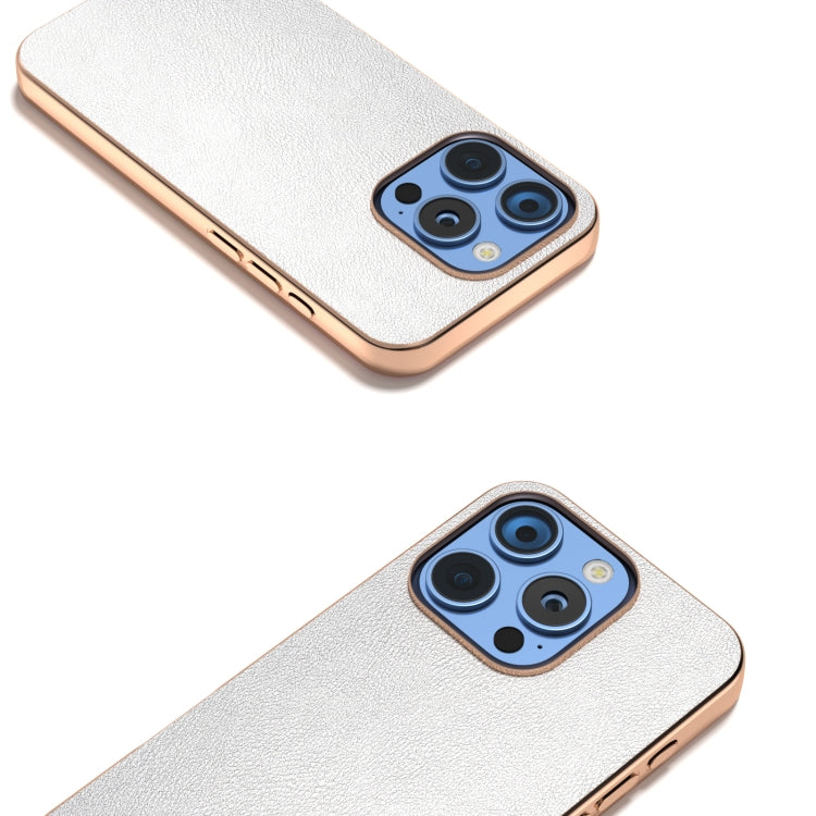 For iPhone 16 Pro Max PU Leather Electroplating Frame Full Coverage Phone Case