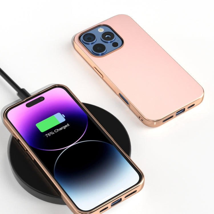 For iPhone 16 Pro Max PU Leather Electroplating Frame Full Coverage Phone Case