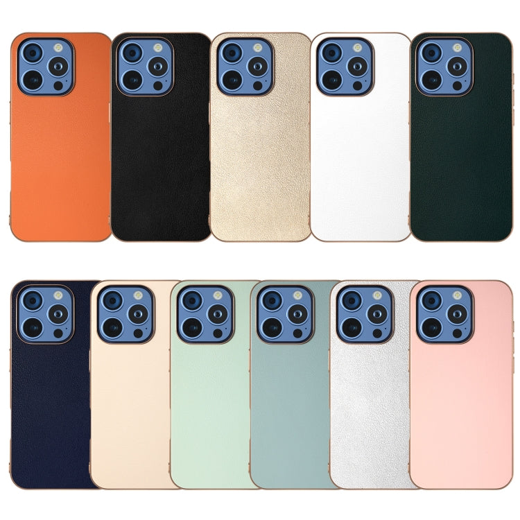 For iPhone 16 Pro Max PU Leather Electroplating Frame Full Coverage Phone Case