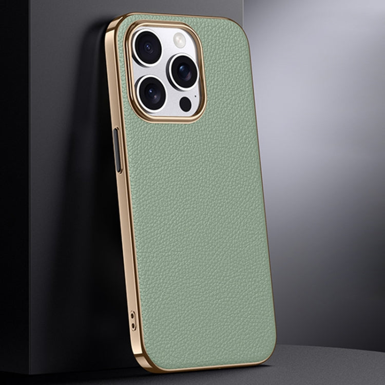 For iPhone 16 Pro Max First Layer Cowhide Leather Electroplated PC Phone Case