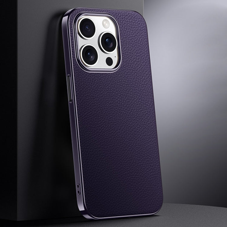 For iPhone 16 Pro First Layer Cowhide Leather Electroplated PC Phone Case