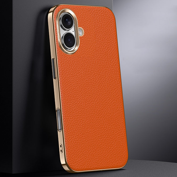 For iPhone 16 First Layer Cowhide Leather Electroplated PC Phone Case