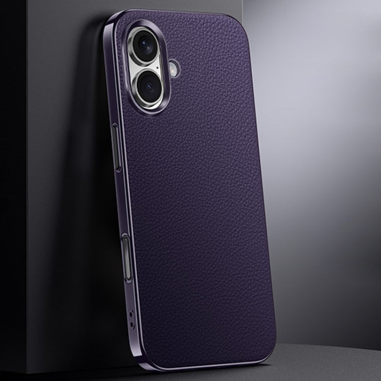 For iPhone 16 First Layer Cowhide Leather Electroplated PC Phone Case