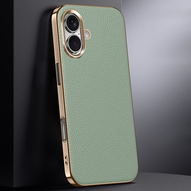 For iPhone 16 First Layer Cowhide Leather Electroplated PC Phone Case