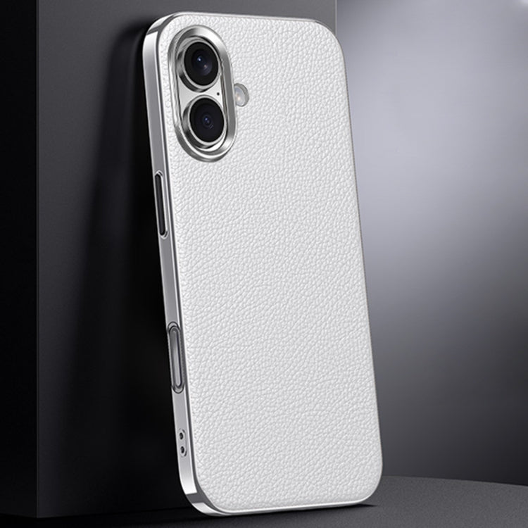 For iPhone 16 First Layer Cowhide Leather Electroplated PC Phone Case
