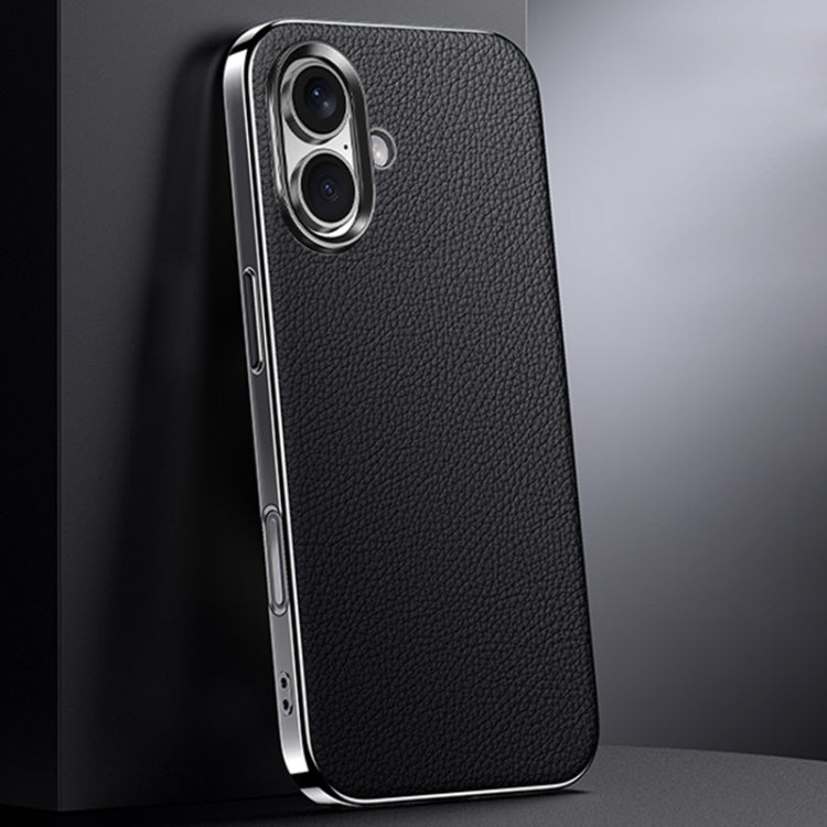 For iPhone 16 First Layer Cowhide Leather Electroplated PC Phone Case