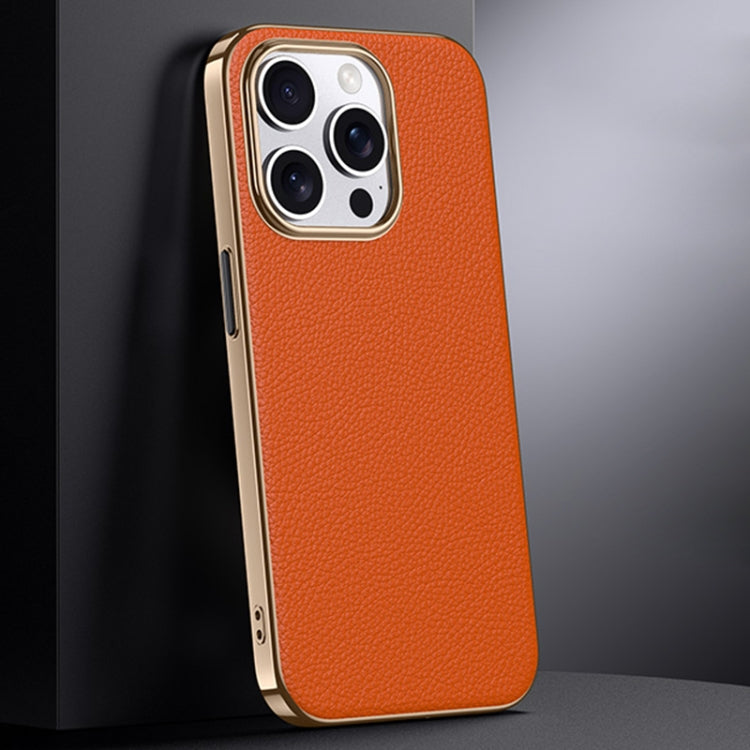 For iPhone 14 Pro Max First Layer Cowhide Leather Electroplated PC Phone Case