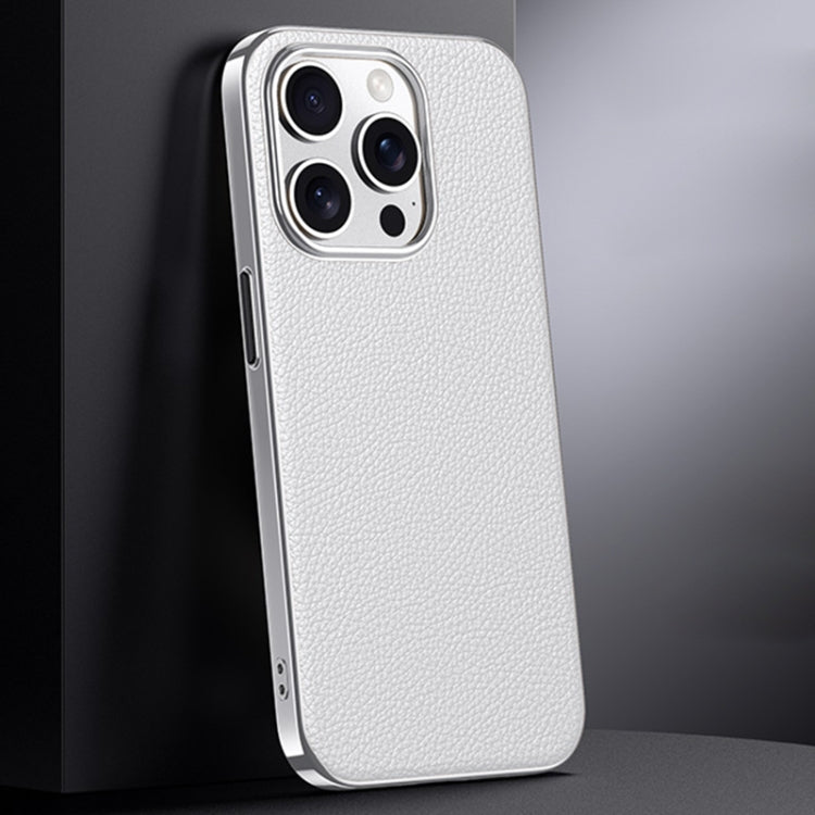For iPhone 14 Pro Max First Layer Cowhide Leather Electroplated PC Phone Case