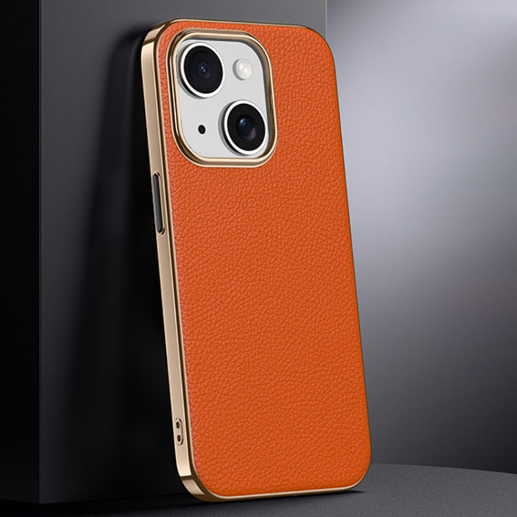 For iPhone 14 First Layer Cowhide Leather Electroplated PC Phone Case