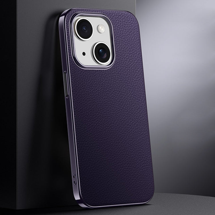 For iPhone 14 First Layer Cowhide Leather Electroplated PC Phone Case