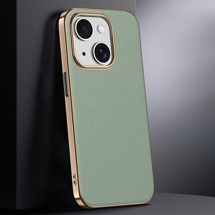 For iPhone 14 First Layer Cowhide Leather Electroplated PC Phone Case