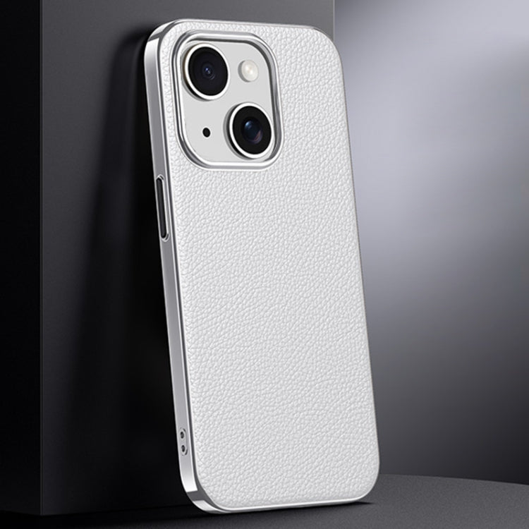 For iPhone 14 First Layer Cowhide Leather Electroplated PC Phone Case