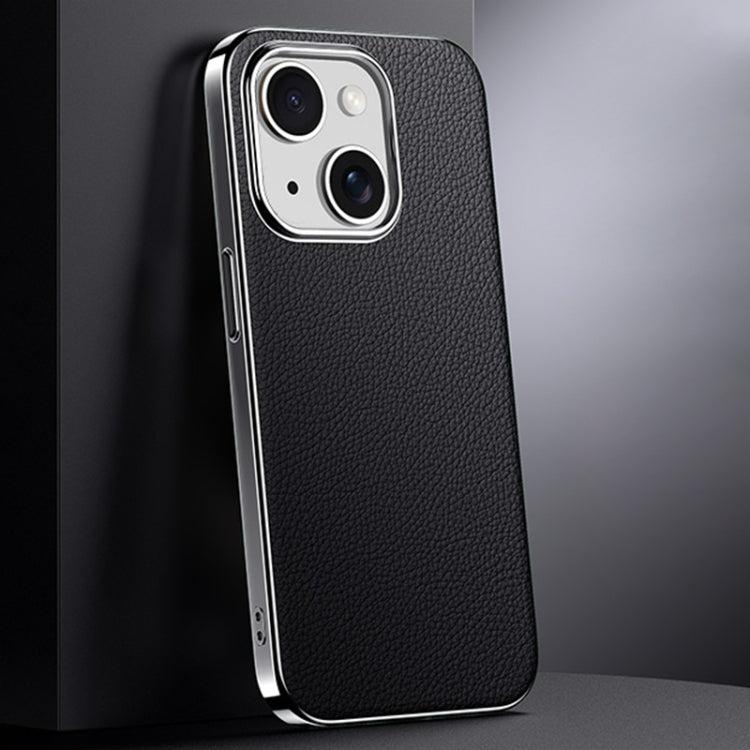 For iPhone 14 First Layer Cowhide Leather Electroplated PC Phone Case