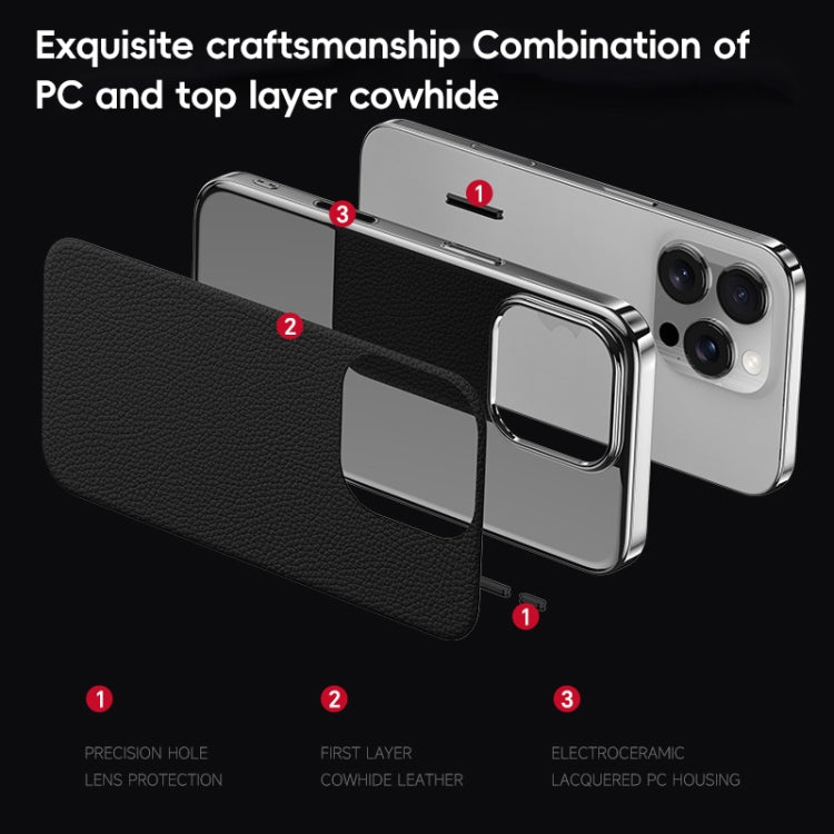 For iPhone 14 Pro Max First Layer Cowhide Leather Electroplated PC Phone Case