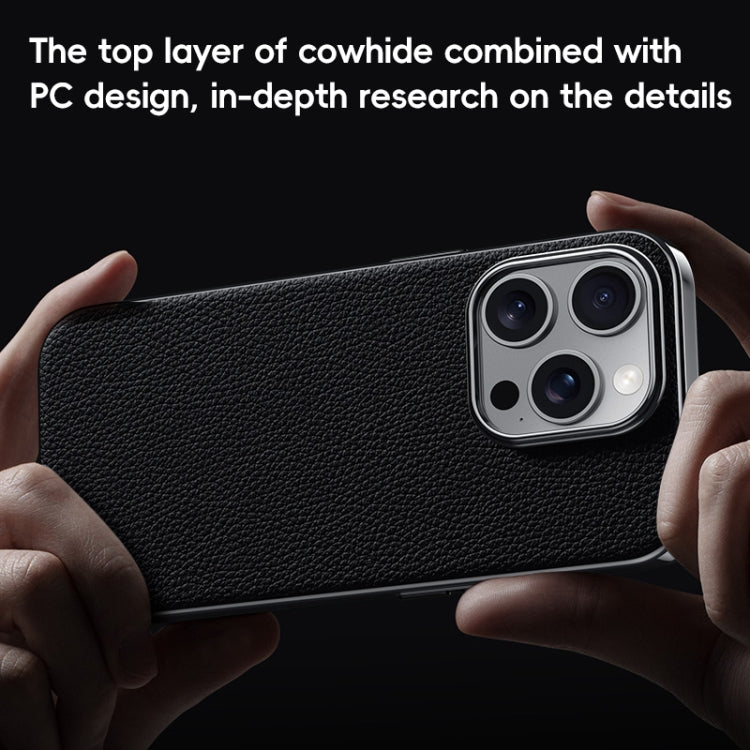 For iPhone 16 Pro Max First Layer Cowhide Leather Electroplated PC Phone Case