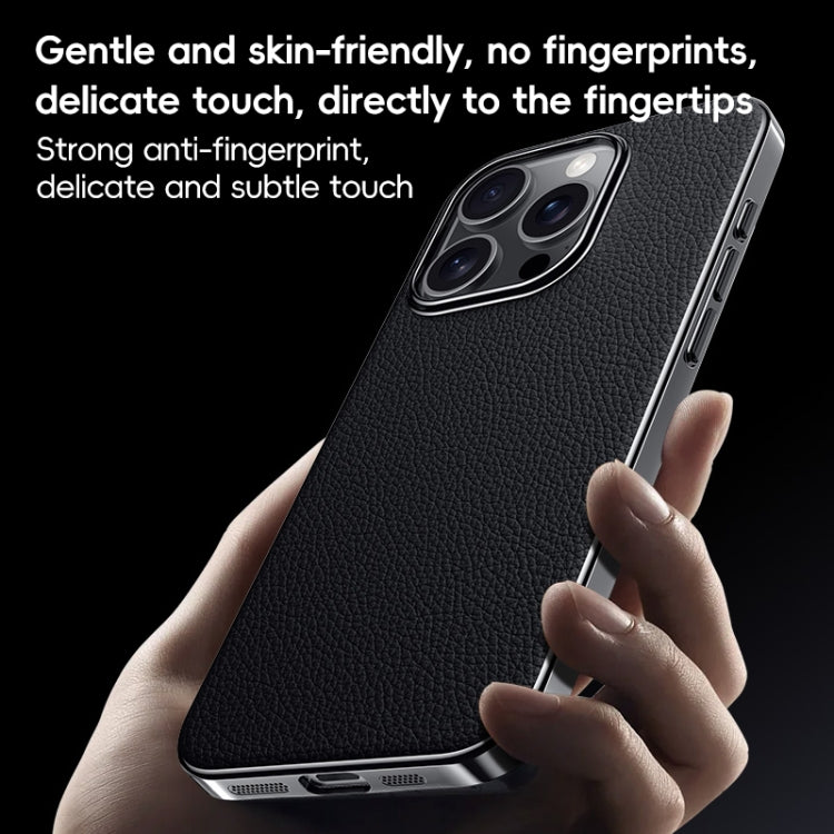 For iPhone 14 Pro Max First Layer Cowhide Leather Electroplated PC Phone Case