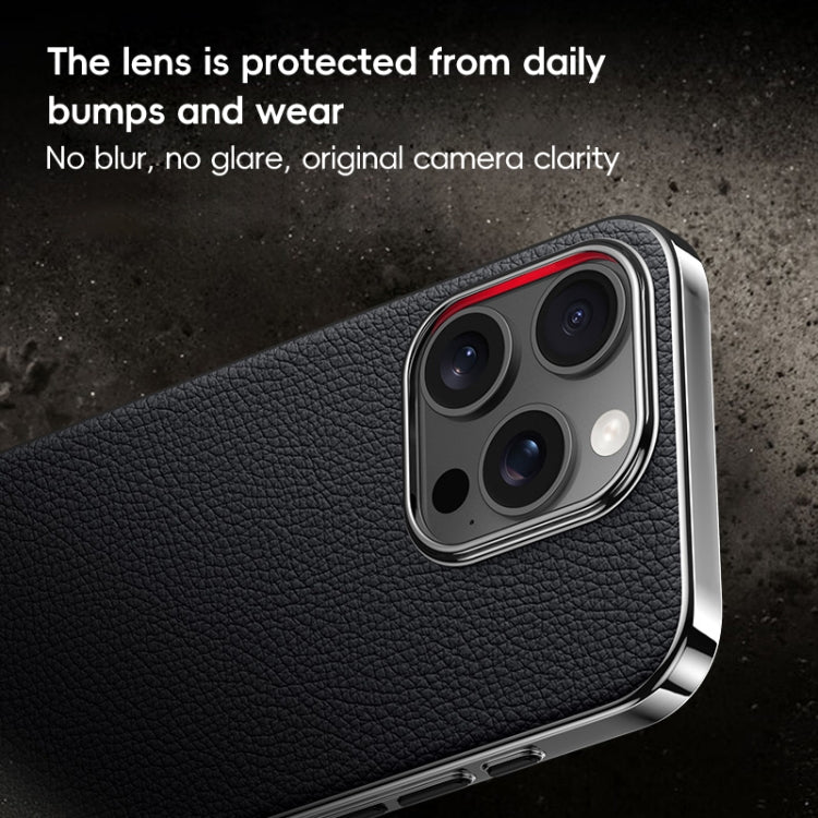 For iPhone 14 Pro Max First Layer Cowhide Leather Electroplated PC Phone Case