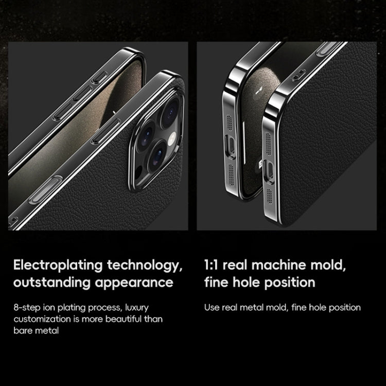 For iPhone 14 Pro Max First Layer Cowhide Leather Electroplated PC Phone Case